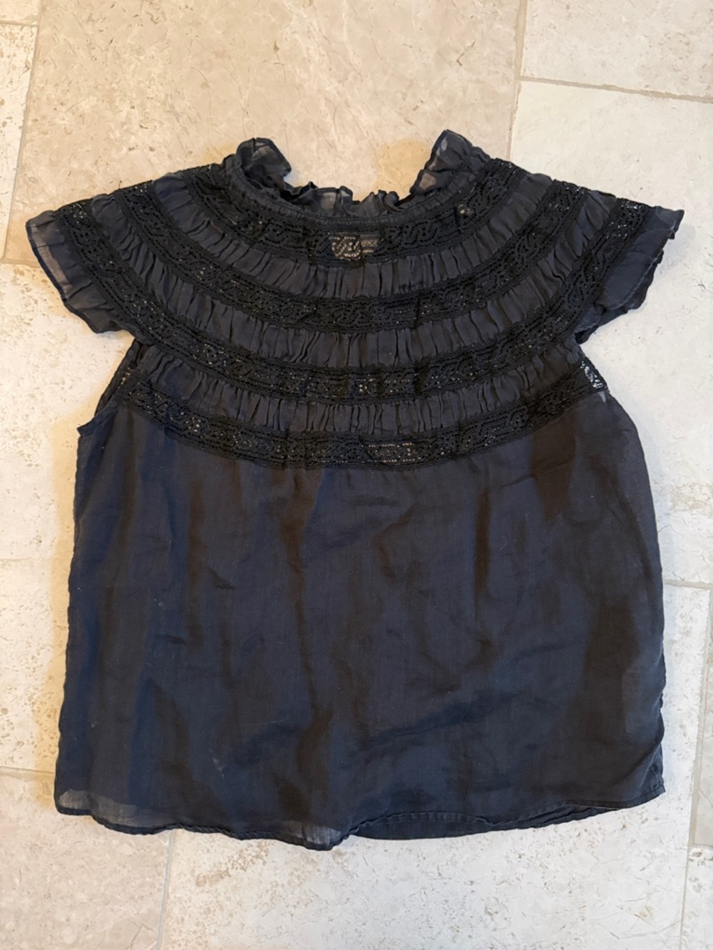 Frame Denim Black Ruffled Lace Yoke Sleeveless Blouse